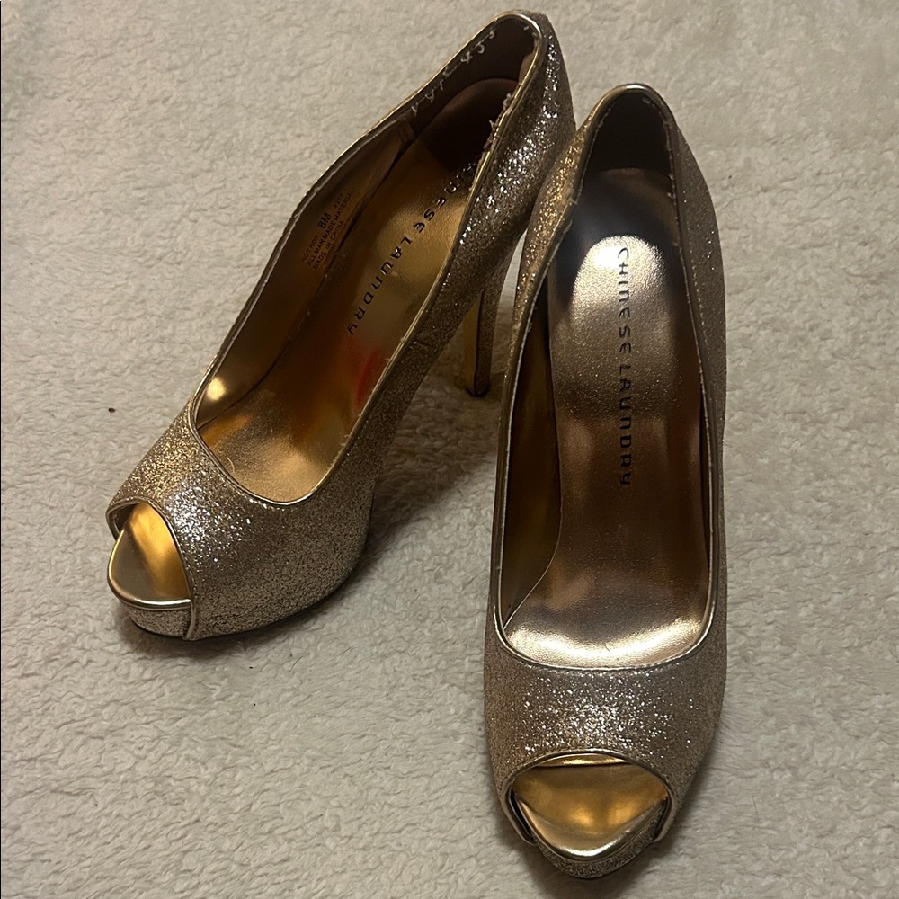 Chinese Laundry Glittering Gold Peep Toe Heels